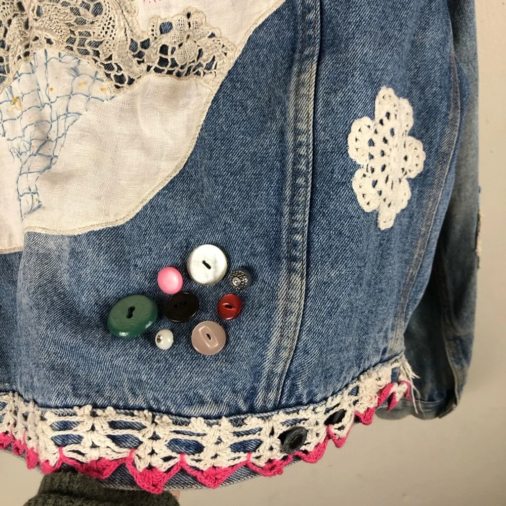 Embellished Blue Jean Jacket Crochet Patchwork - Picture 14 of 14